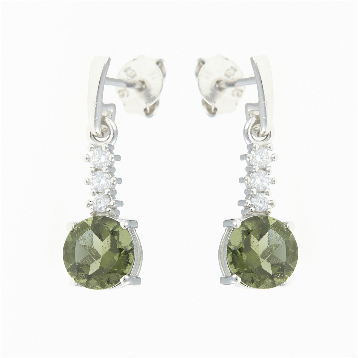 Silver earrings with moldavite and zircons 434Z-2