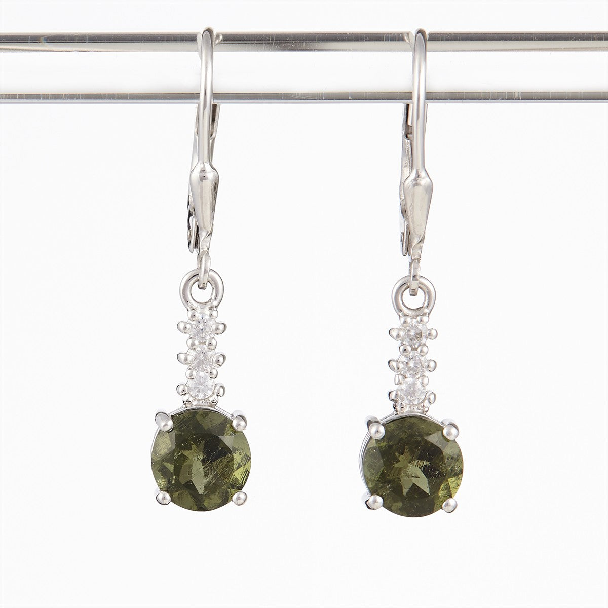Silver earrings with moldavite and zircons 434Z-4
