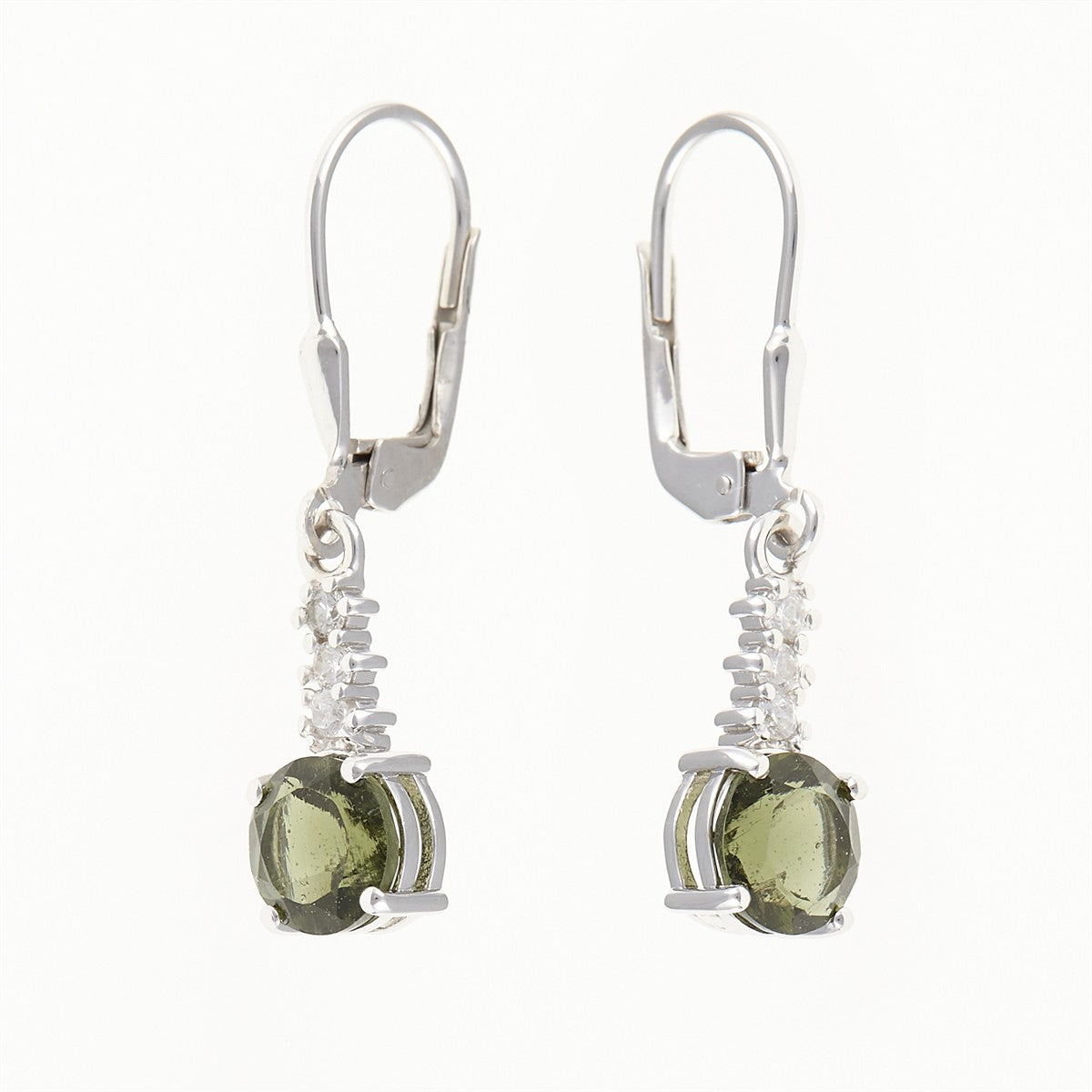 Silver earrings with moldavite and zircons 434Z-4