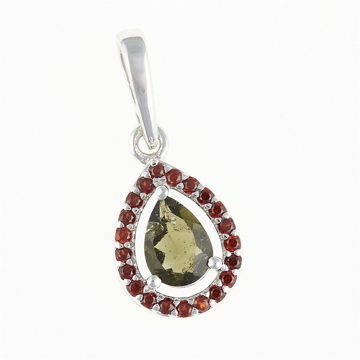 Silver pendant with moldavite and garnets 048G