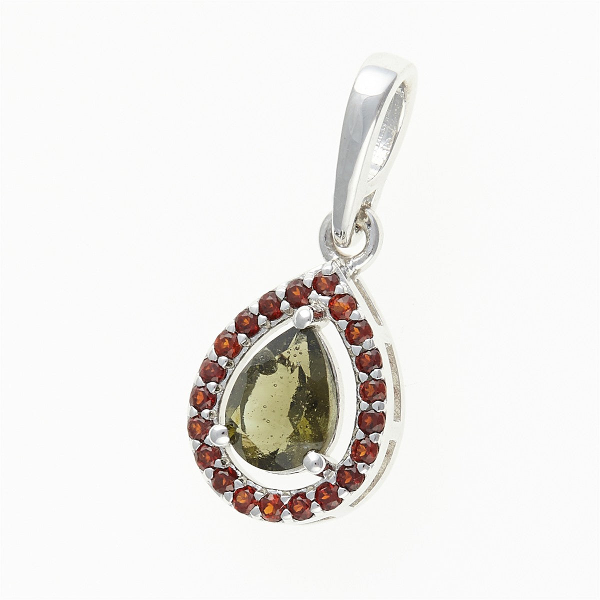 Silver pendant with moldavite and garnets 048G