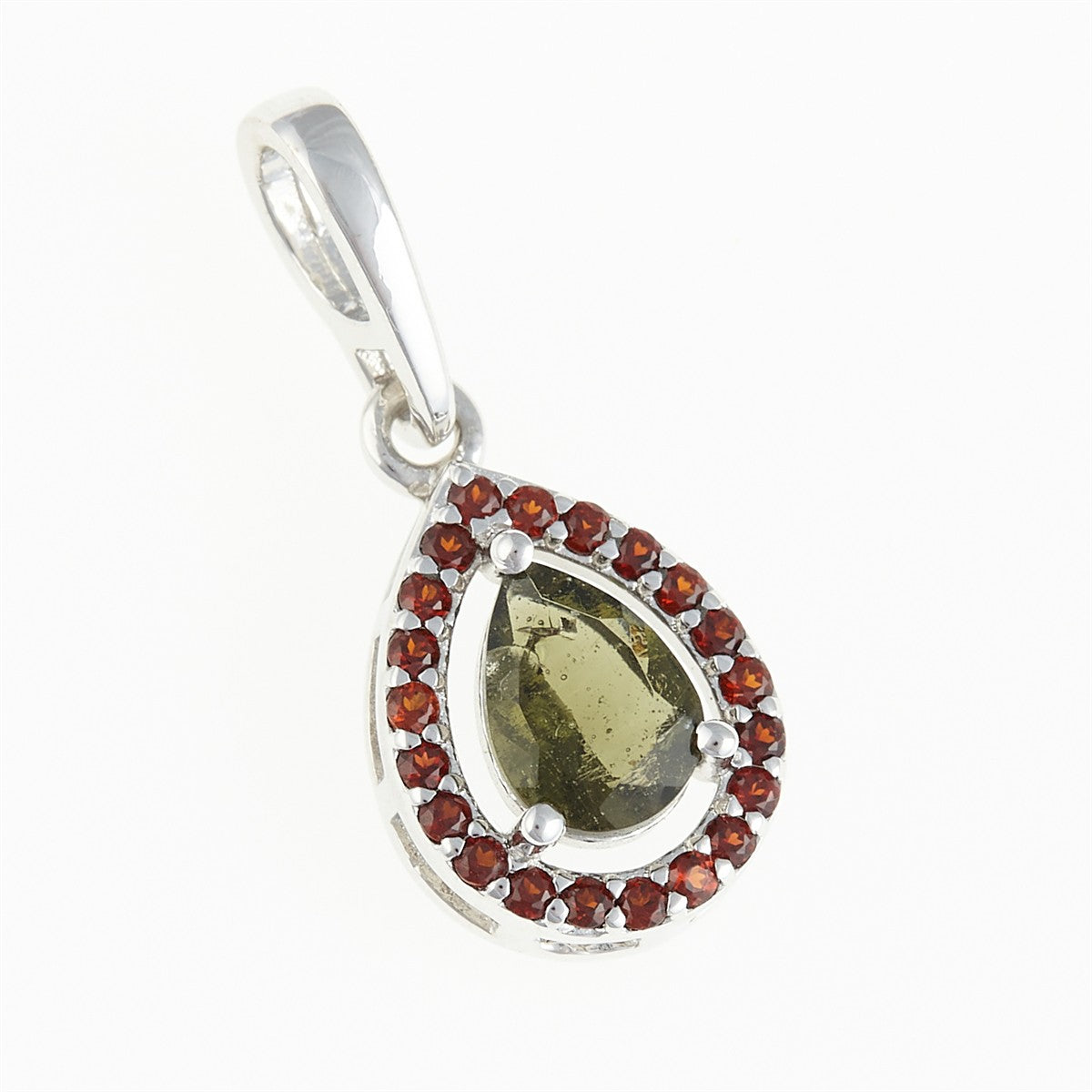 Silver pendant with moldavite and garnets 048G