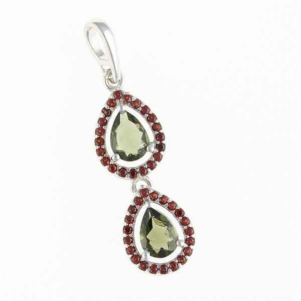 Silver pendant with moldavite and garnets 049G