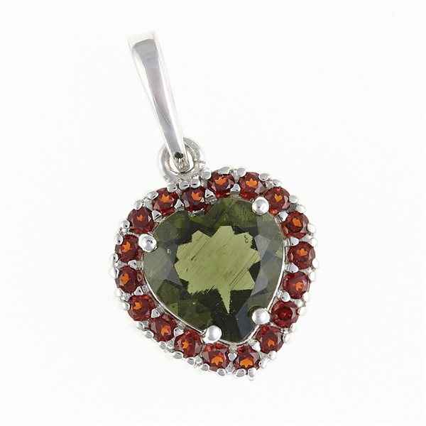 Ciondolo in argento con moldavite e granati - cuore 198G