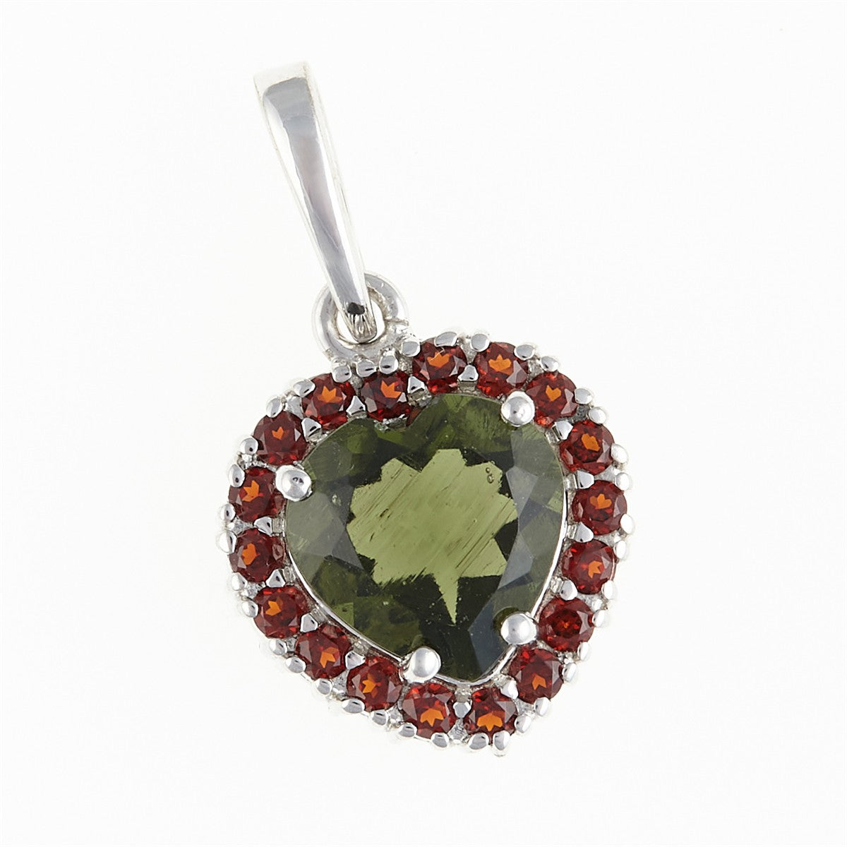 Silver pendant with moldavite and garnets - heart 198G