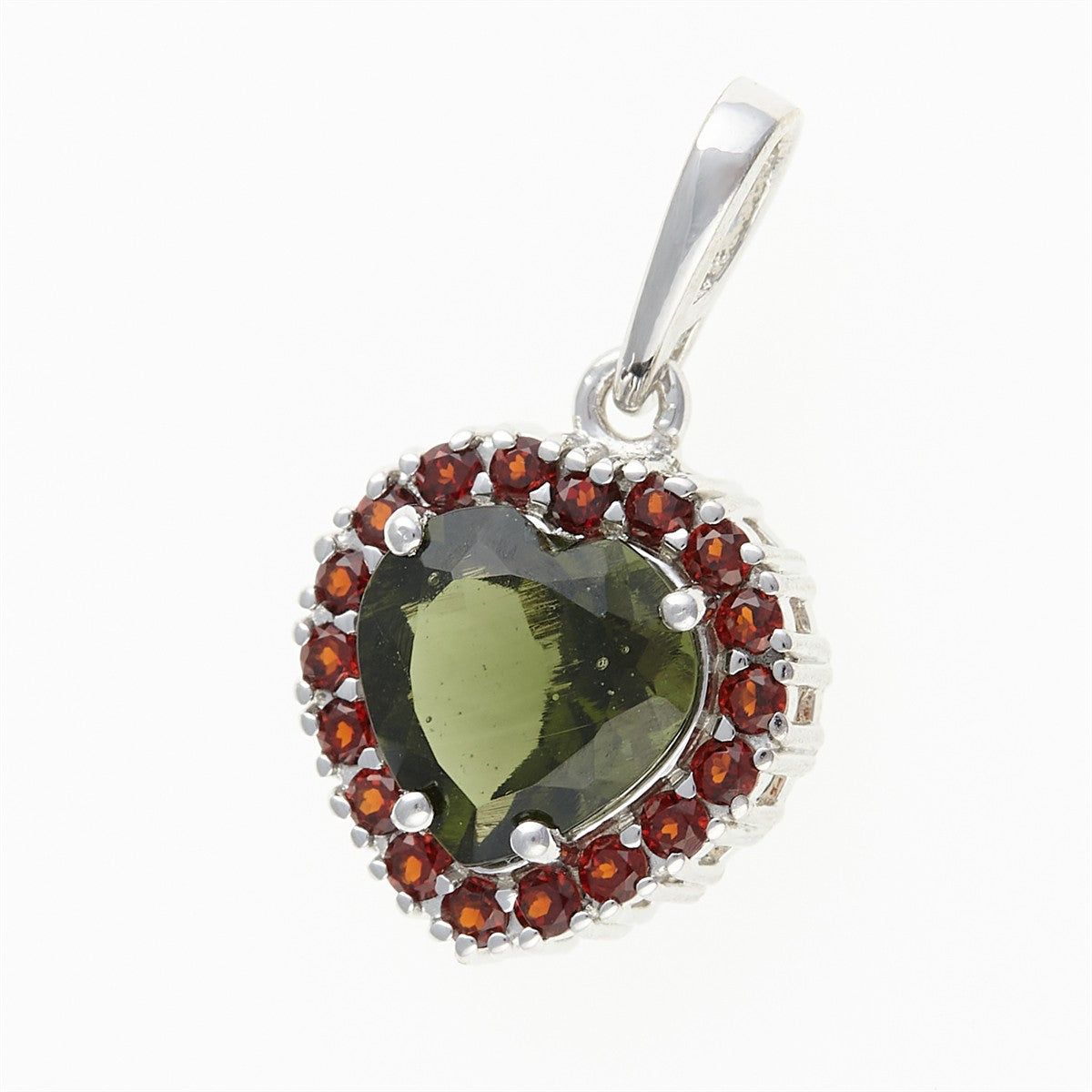 Silver pendant with moldavite and garnets - heart 198G
