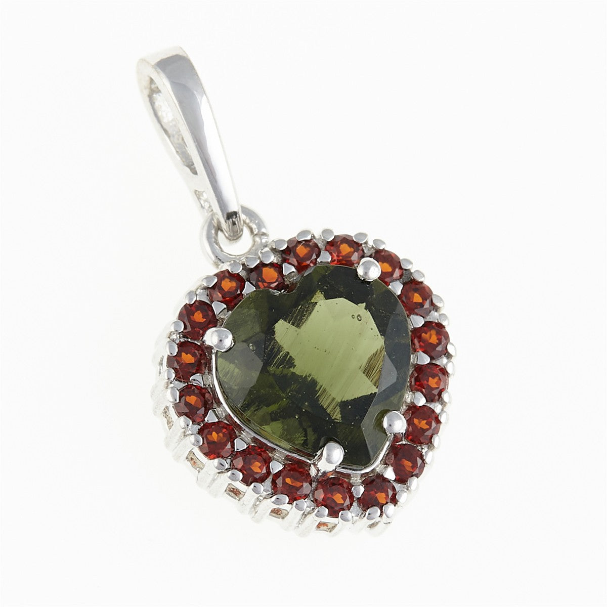 Silver pendant with moldavite and garnets - heart 198G