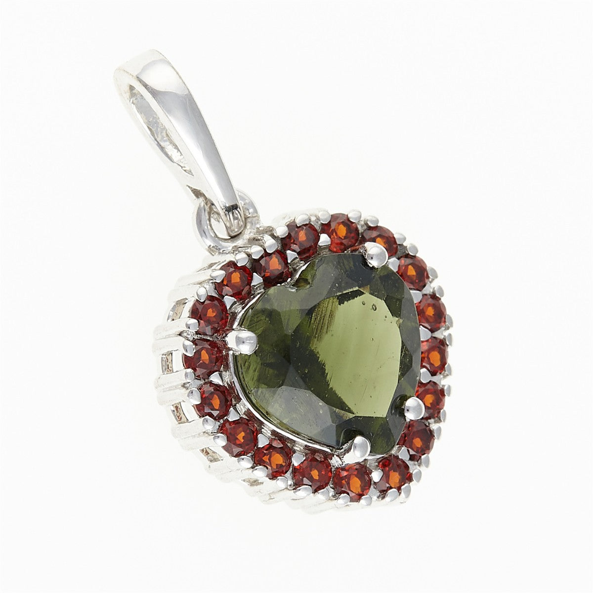 Silver pendant with moldavite and garnets - heart 198G