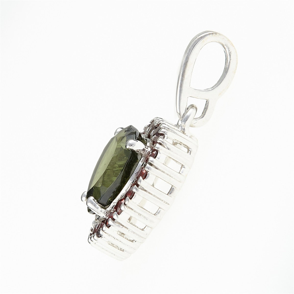Silver pendant with moldavite and garnets - heart 198G