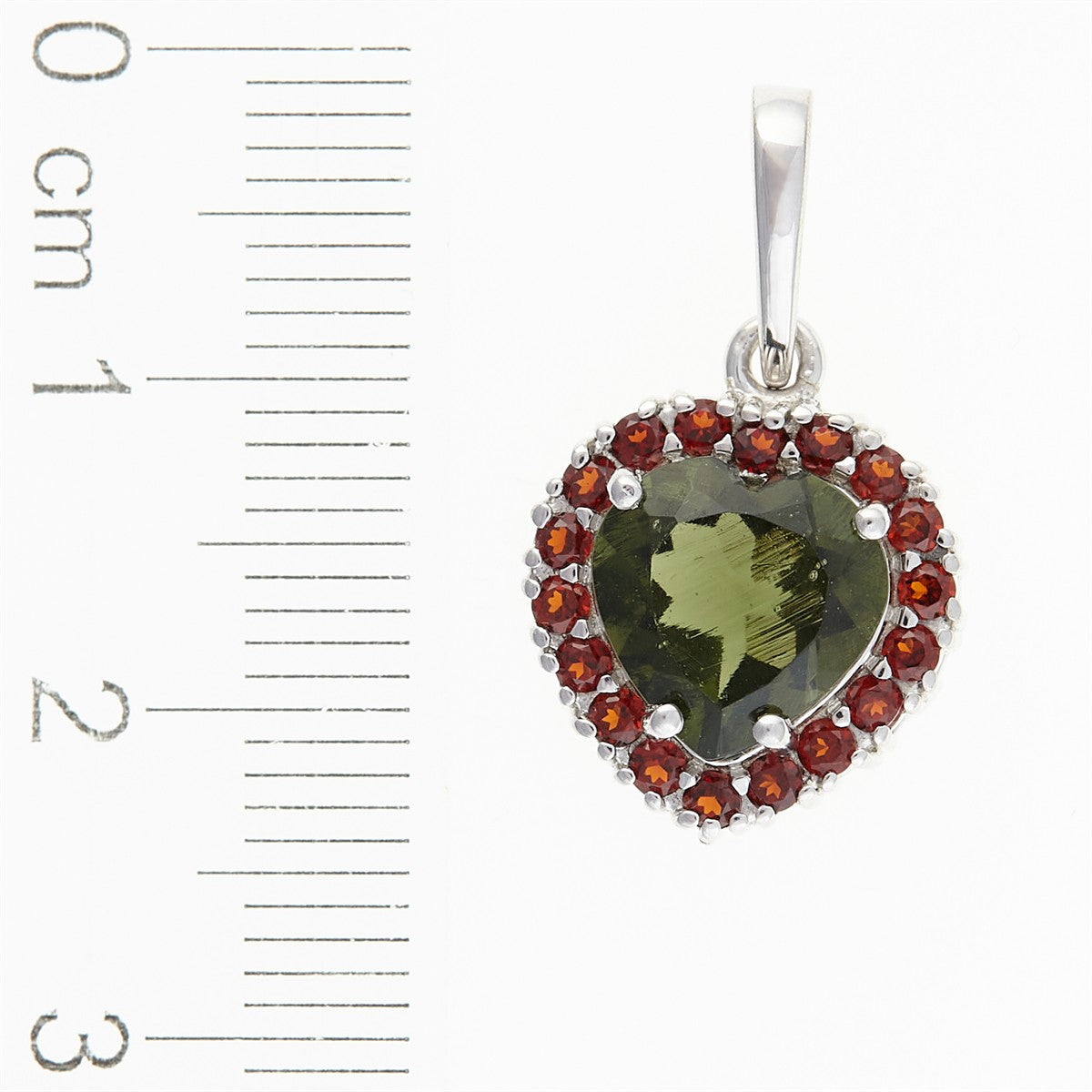 Silver pendant with moldavite and garnets - heart 198G