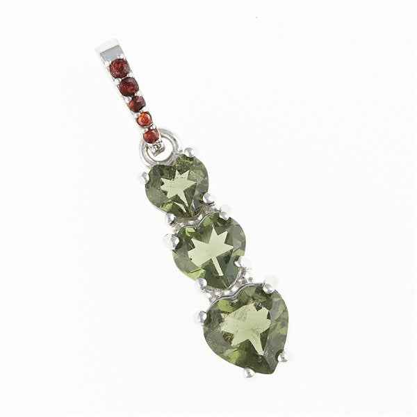 Silver pendant with moldavite and garnets - heart 228G