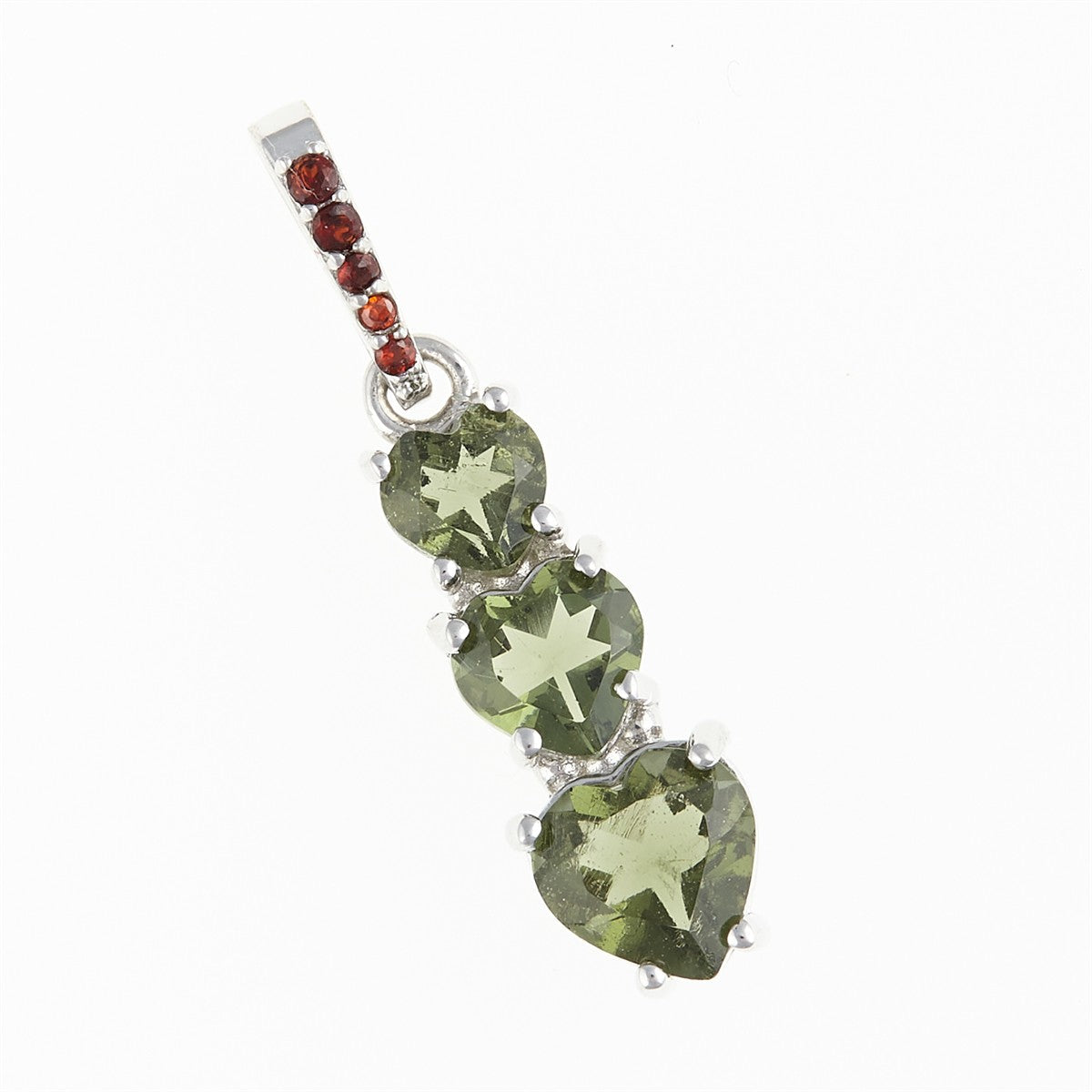 Silver pendant with moldavite and garnets - heart 228G