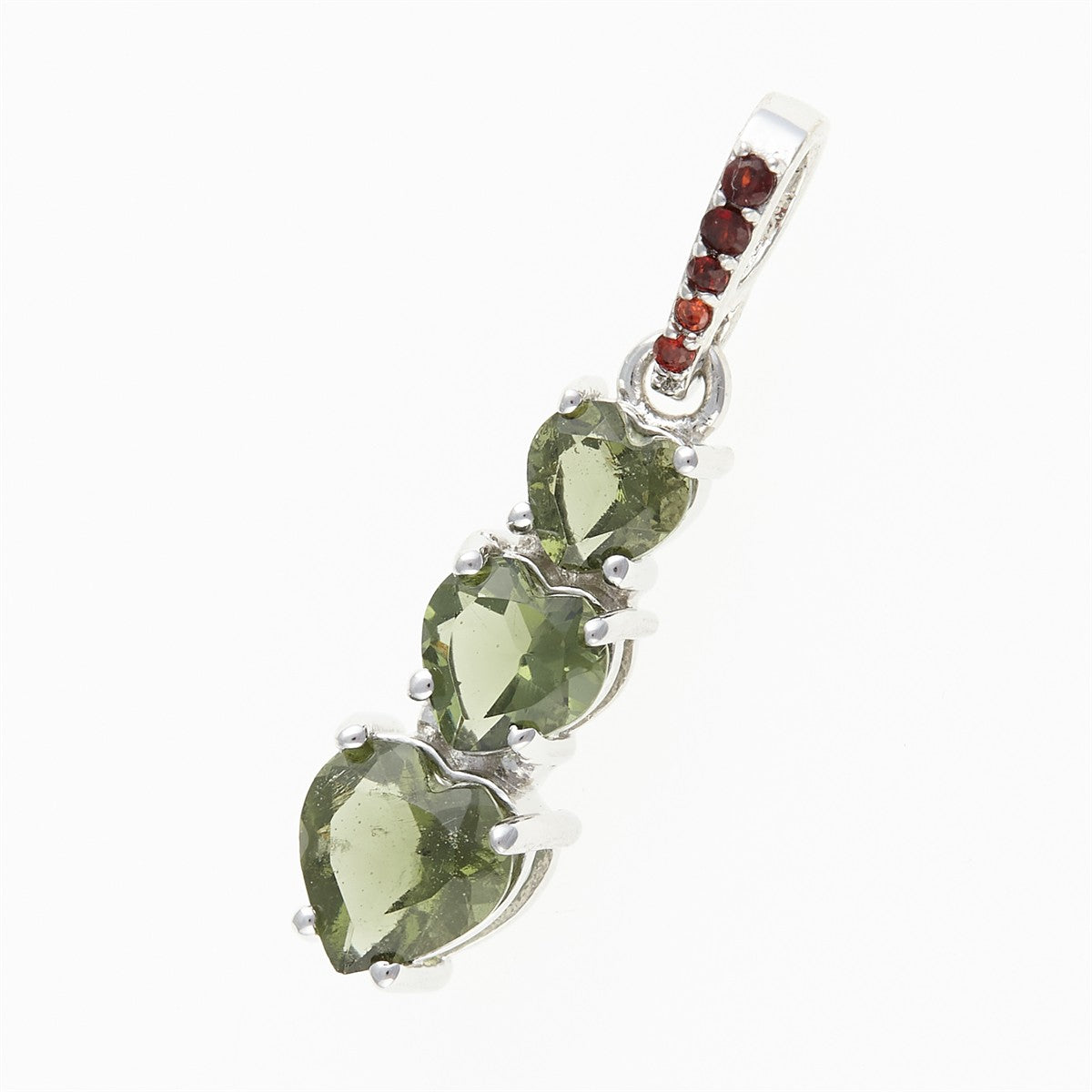 Silver pendant with moldavite and garnets - heart 228G