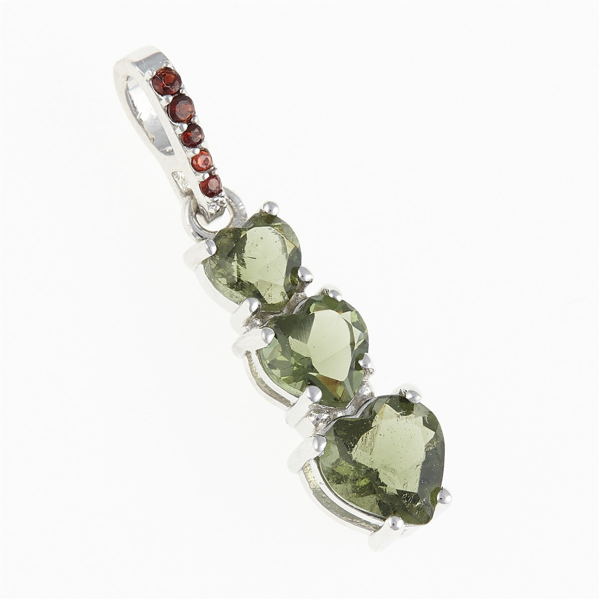Silver pendant with moldavite and garnets - heart 228G