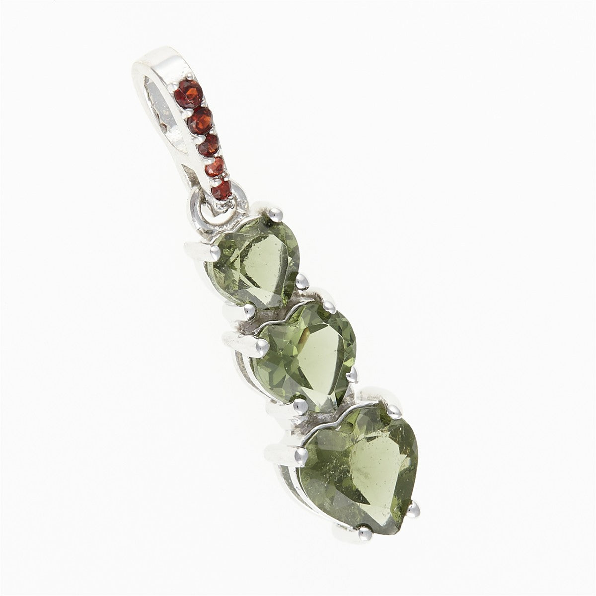 Silver pendant with moldavite and garnets - heart 228G
