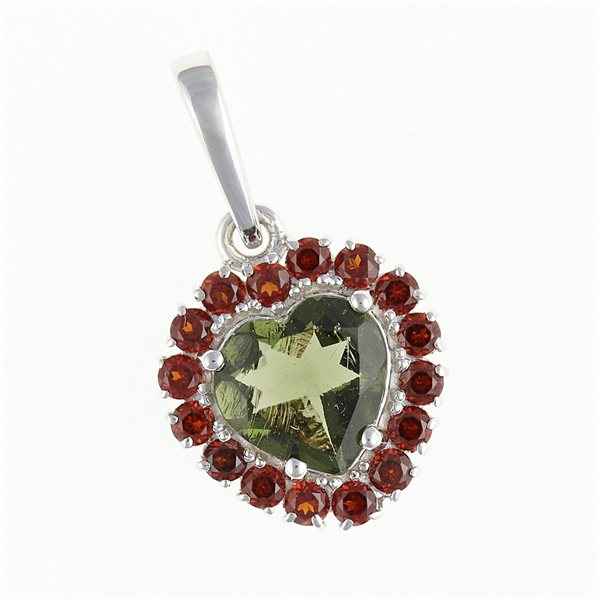 Silver pendant with moldavite and garnets - heart 274G