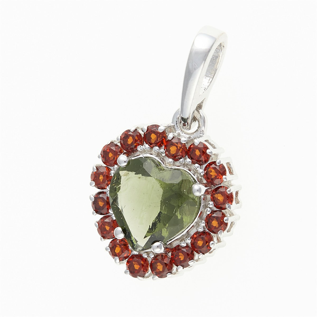 Silver pendant with moldavite and garnets - heart 274G