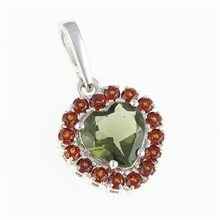 Silver pendant with moldavite and garnets - heart 274G