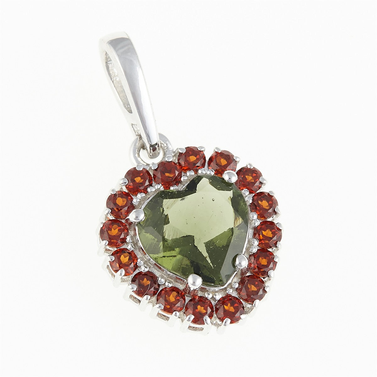 Silver pendant with moldavite and garnets - heart 274G