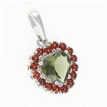 Silver pendant with moldavite and garnets - heart 274G