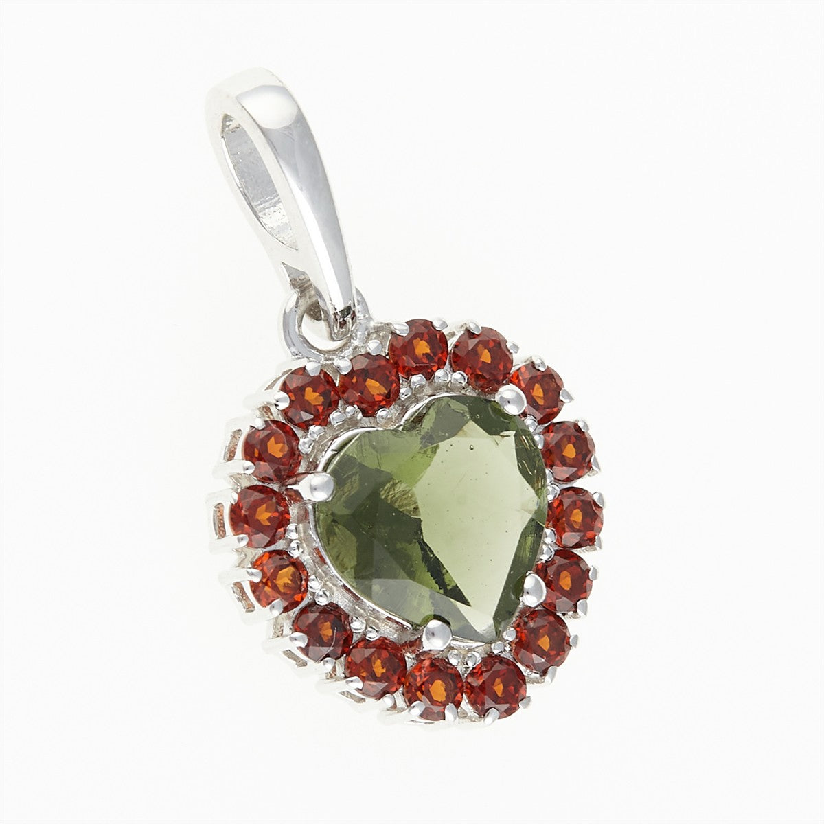 Silver pendant with moldavite and garnets - heart 274G