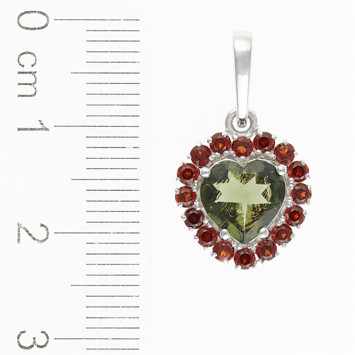 Silver pendant with moldavite and garnets - heart 274G
