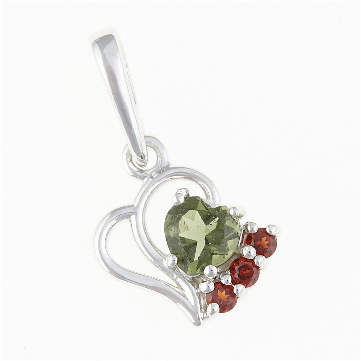 Silver pendant with moldavite and garnets - heart 414G