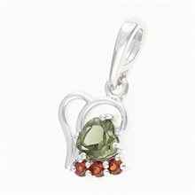 Silver pendant with moldavite and garnets - heart 414G