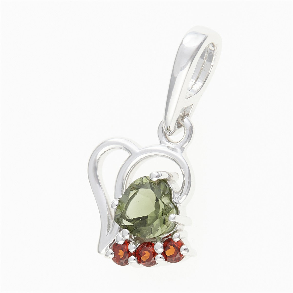 Silver pendant with moldavite and garnets - heart 414G