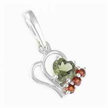 Silver pendant with moldavite and garnets - heart 414G