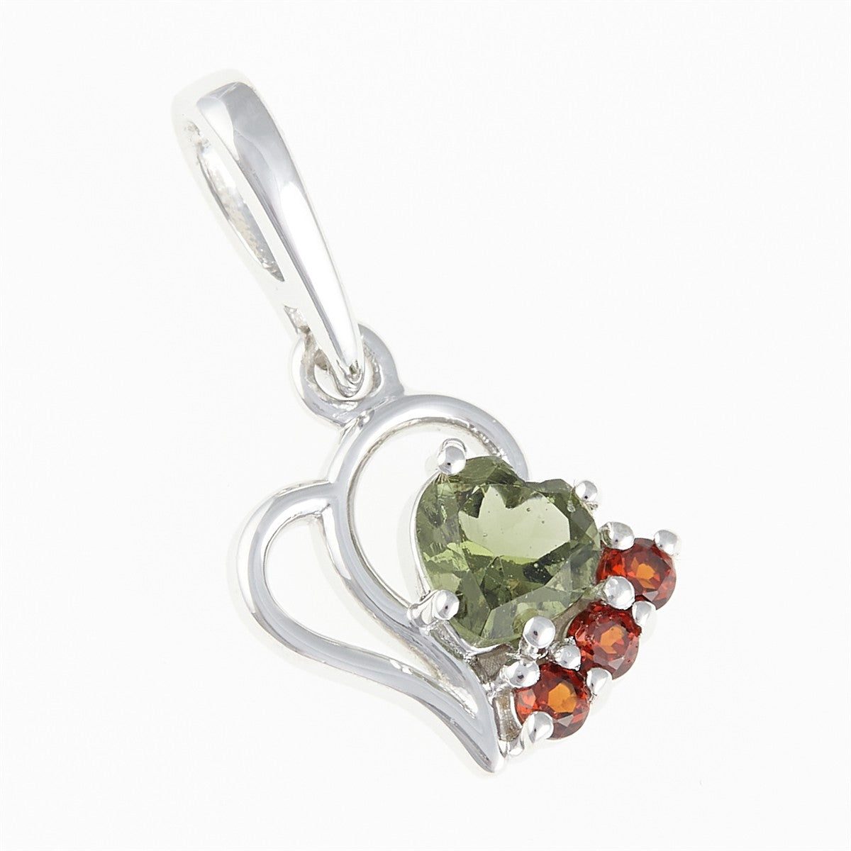 Silver pendant with moldavite and garnets - heart 414G