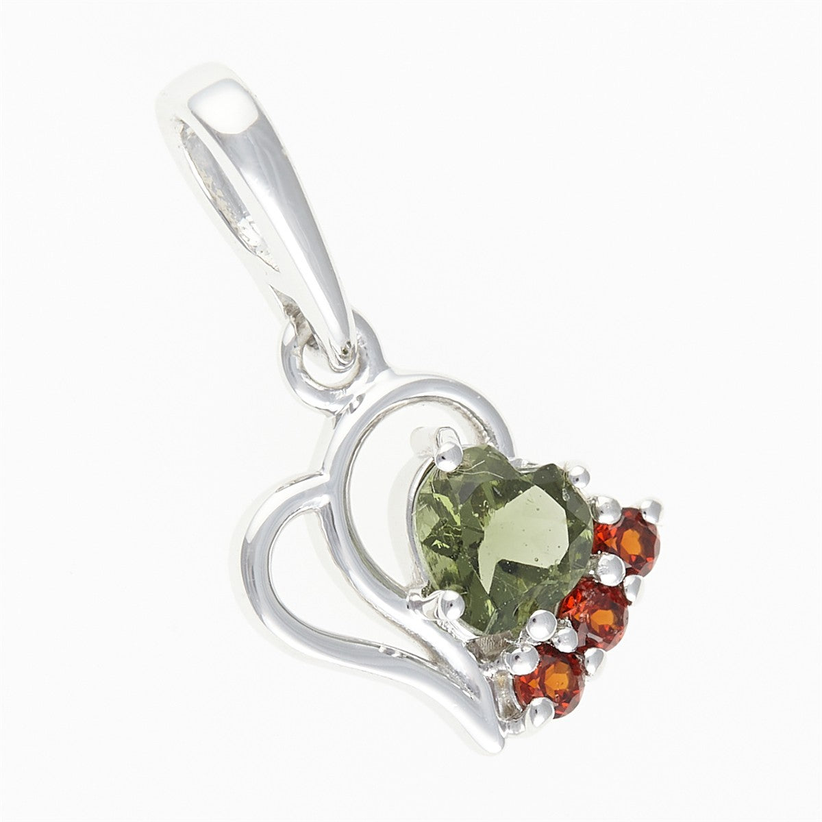 Silver pendant with moldavite and garnets - heart 414G