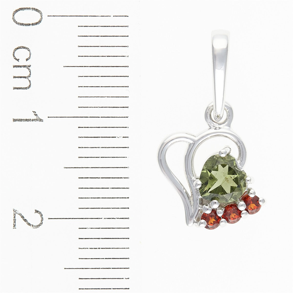Silver pendant with moldavite and garnets - heart 414G