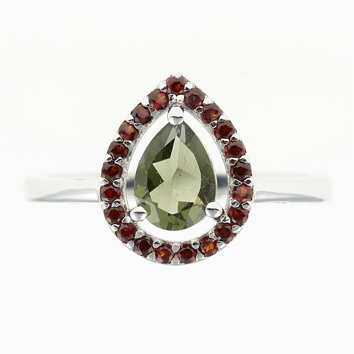 Silver ring mit moldavite and garnets 048G