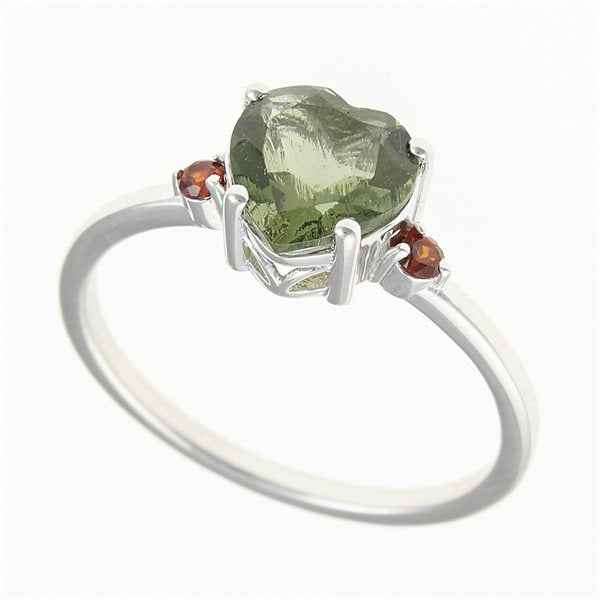 Silver ring with moldavite and garnets - heart 110G