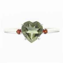 Silver ring with moldavite and garnets - heart 110G