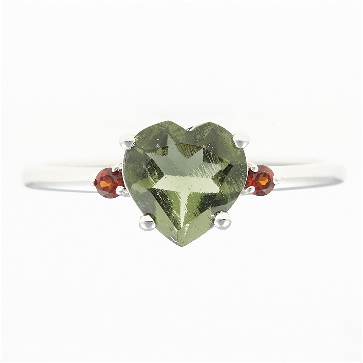 Silver ring with moldavite and garnets - heart 110G