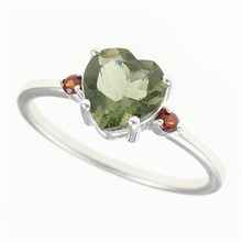 Silver ring with moldavite and garnets - heart 110G