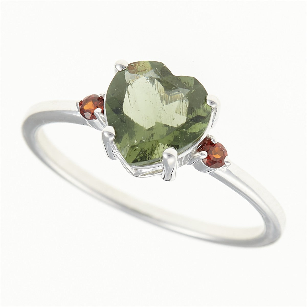 Silver ring with moldavite and garnets - heart 110G