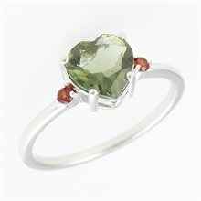 Silver ring with moldavite and garnets - heart 110G