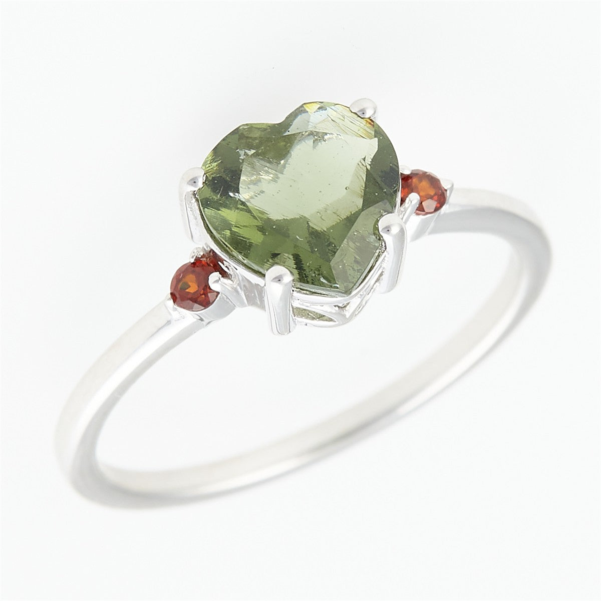 Silver ring with moldavite and garnets - heart 110G