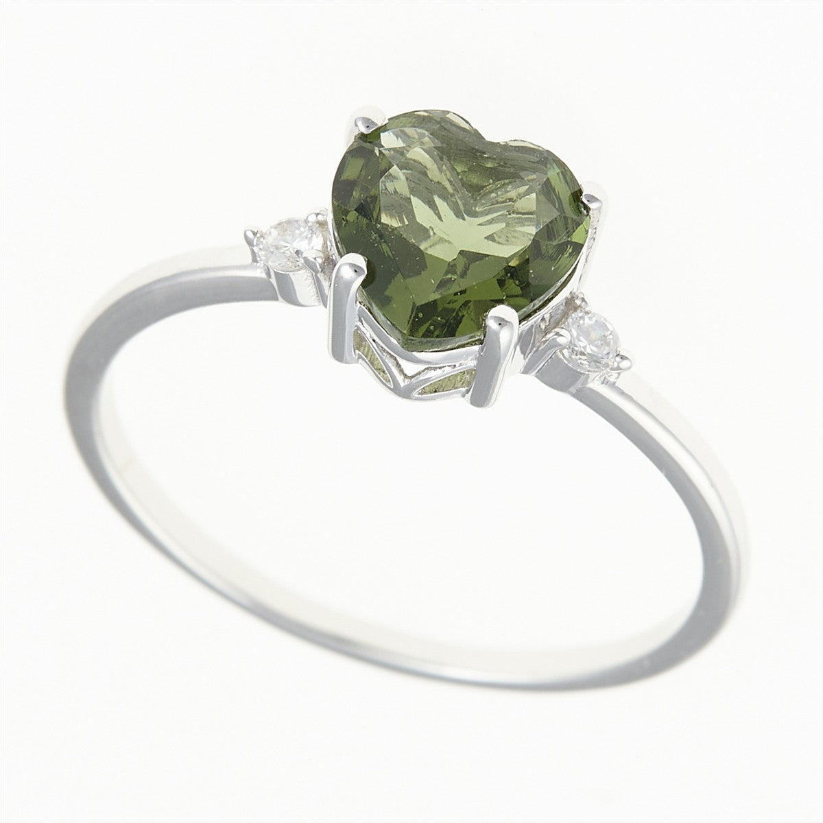 Silver ring with moldavite and zircons - heart 110Z