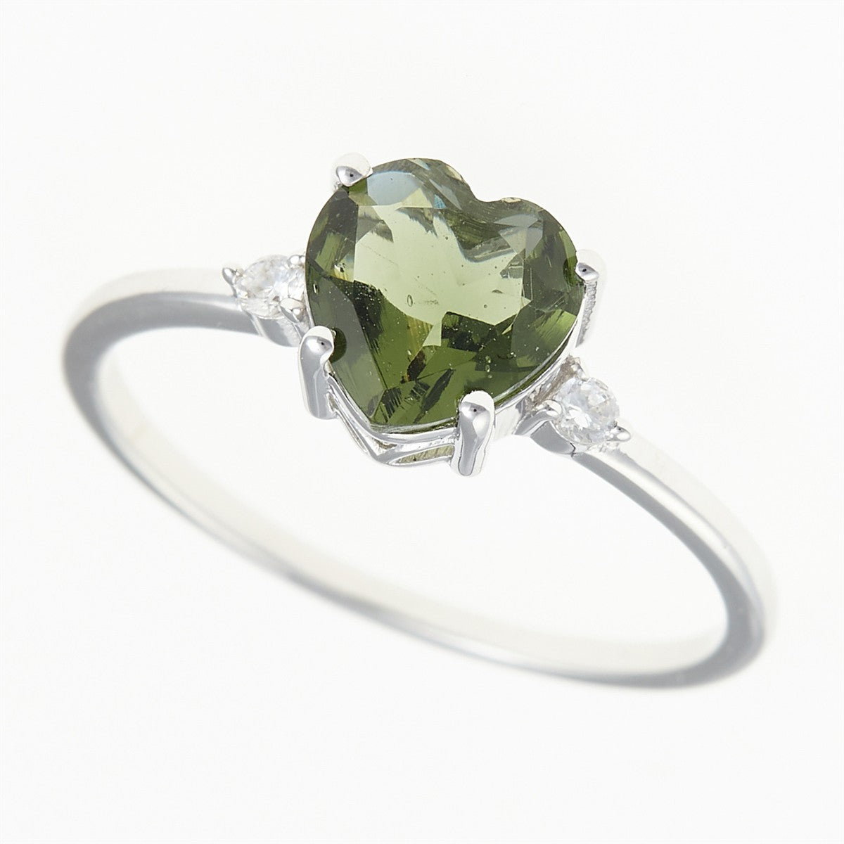 Silver ring with moldavite and zircons - heart 110Z