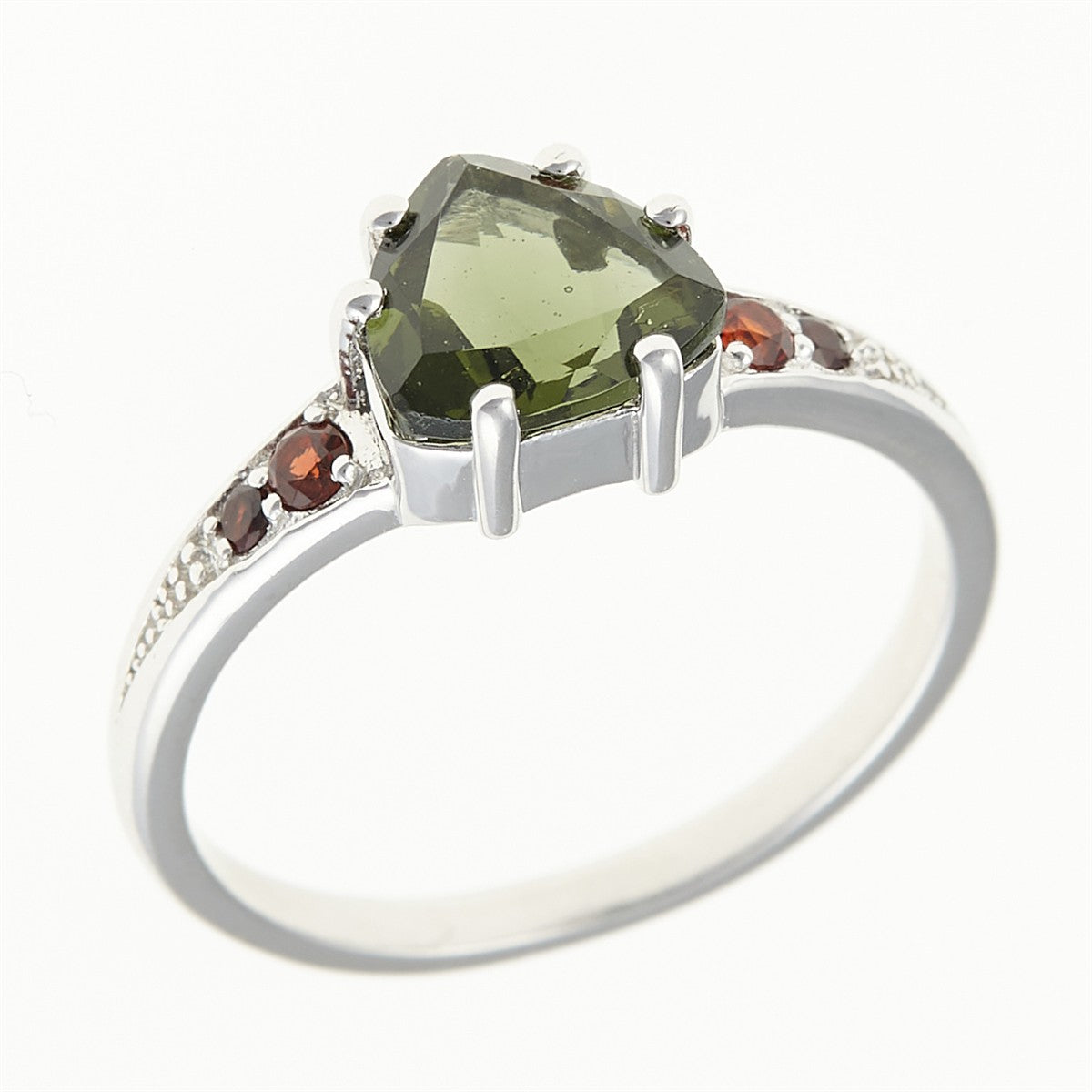 Silver ring with moldavite and garnets 283G