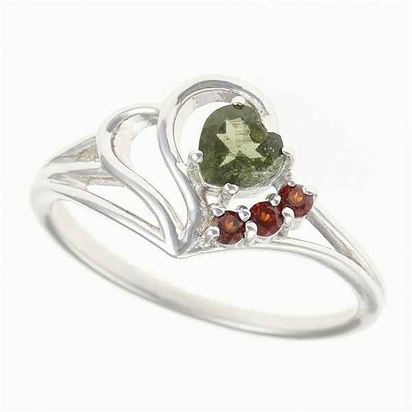 Silver ring with moldavite and garnets - heart 414G