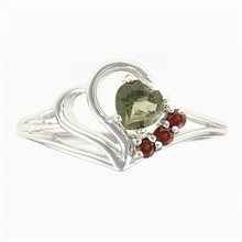 Silver ring with moldavite and garnets - heart 414G
