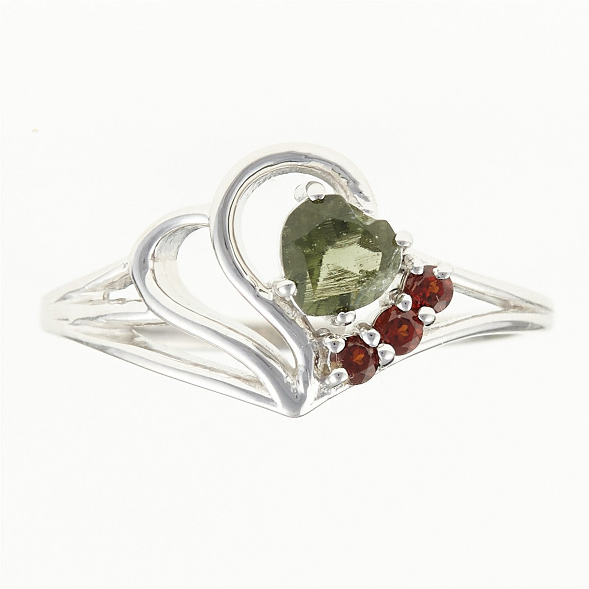 Silver ring with moldavite and garnets - heart 414G