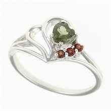 Silver ring with moldavite and garnets - heart 414G