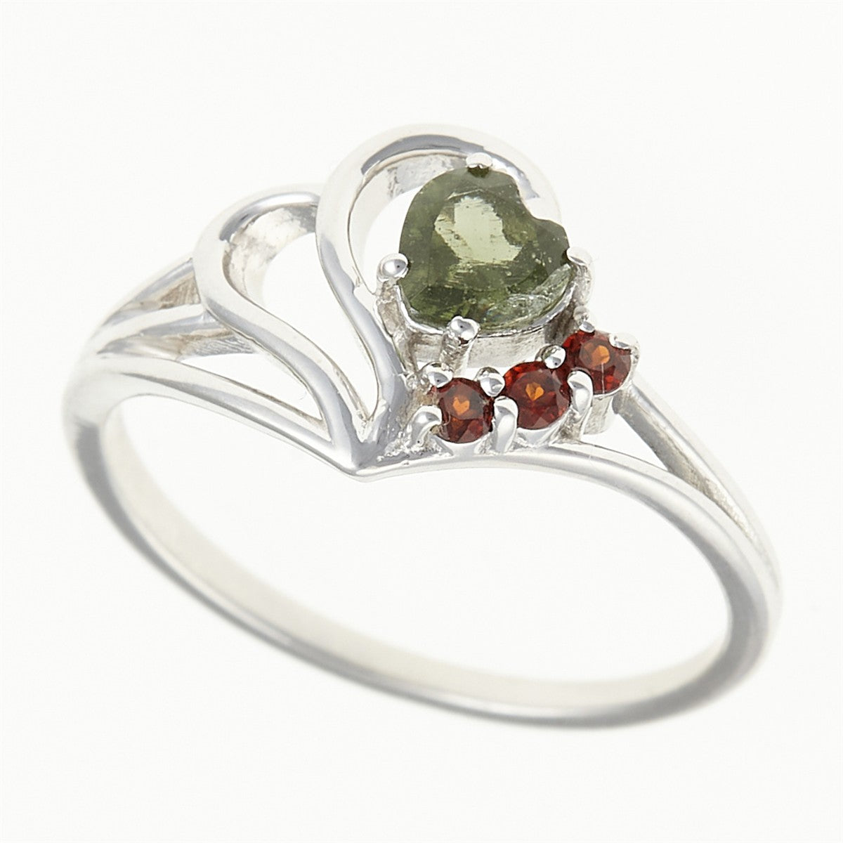 Silver ring with moldavite and garnets - heart 414G