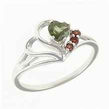 Silver ring with moldavite and garnets - heart 414G